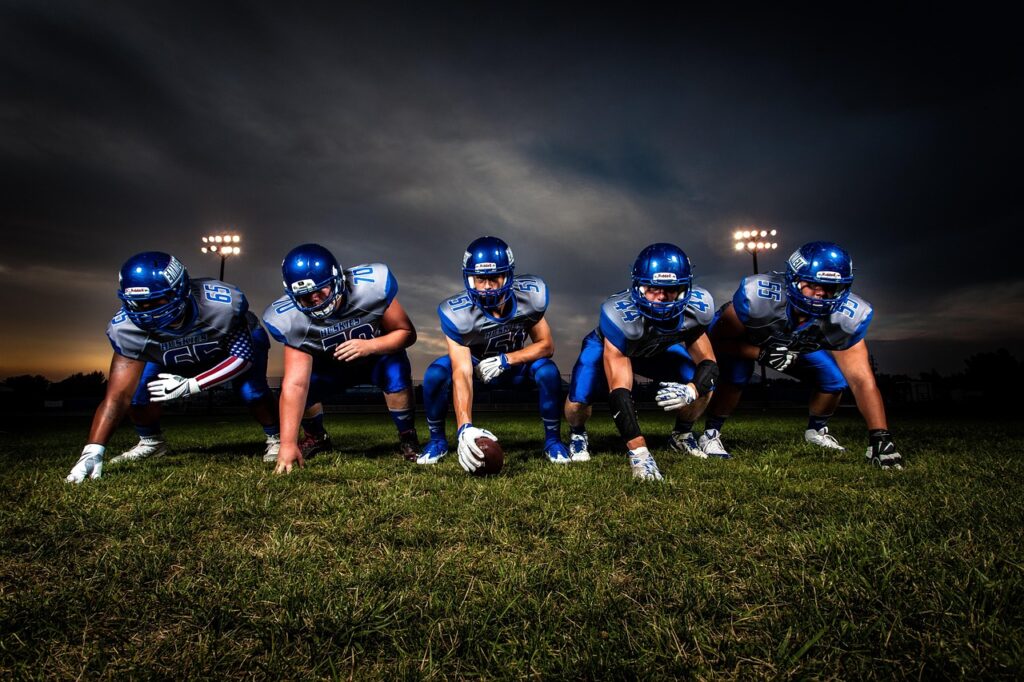 athletes, american football, players, football team, nature, football players, football field, team, ball, field, football, game, grass, helmets, men, people, rugby, sport, stadium, uniforms